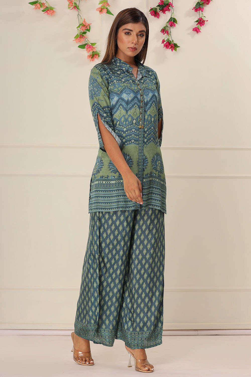 Blue & Green Color Muslin Printed Co-Ord Set