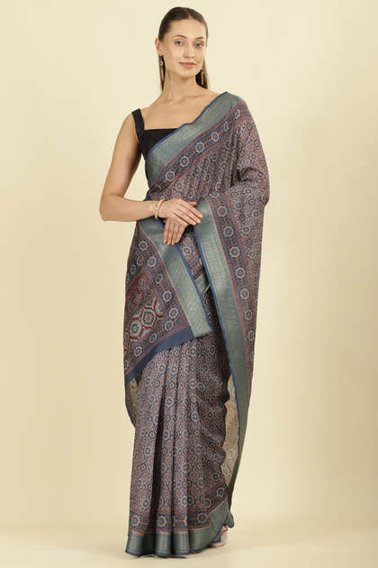 Blue Ajrakh Block Printed Cotton Saree