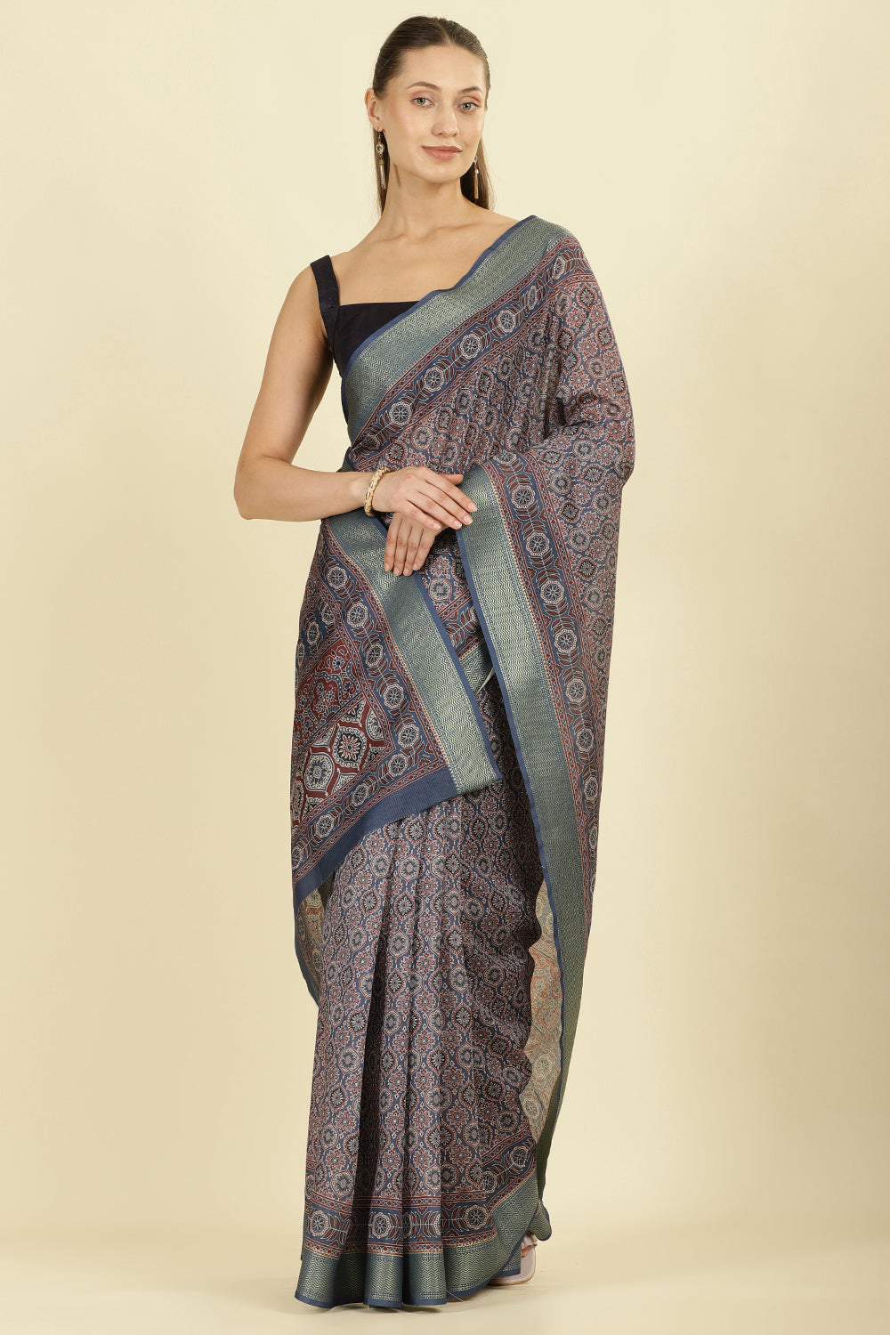 Blue Ajrakh Block Printed Cotton Saree