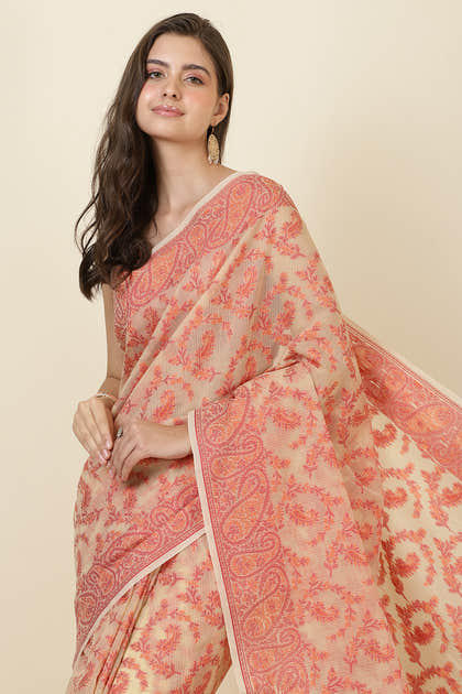 Beige Cotton Resham Woven Saree
