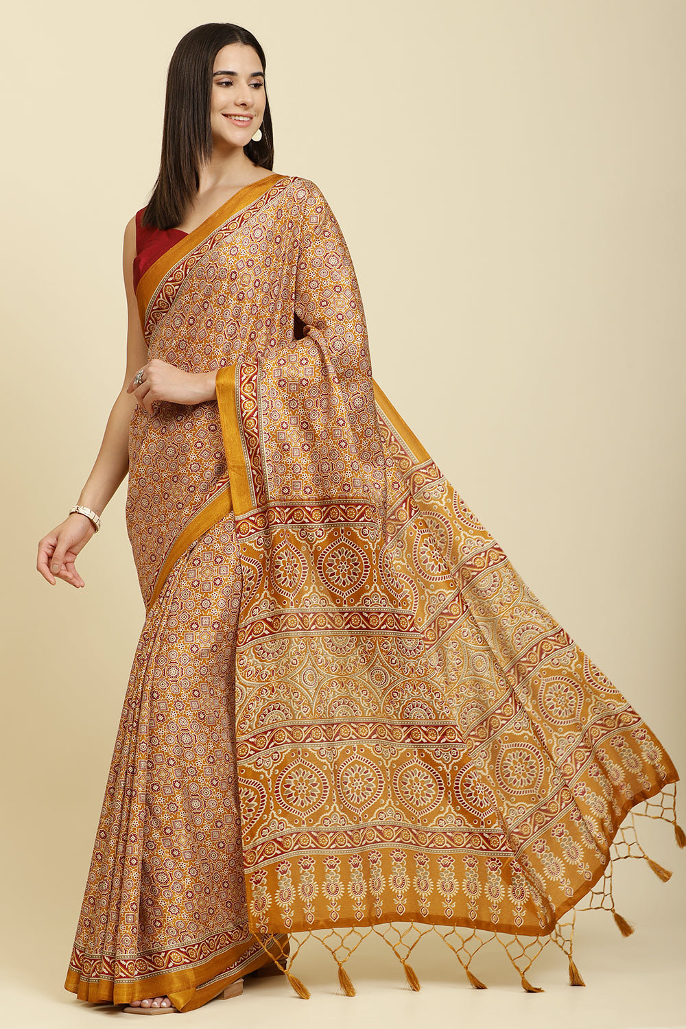 Mustard Cotton Silk Ajrakh Block Printed Saree