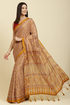 Mustard Cotton Silk Ajrakh Block Printed Saree