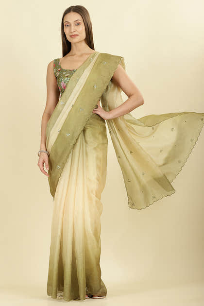 Ombre Olive Green Organza Saree With Mirror Work