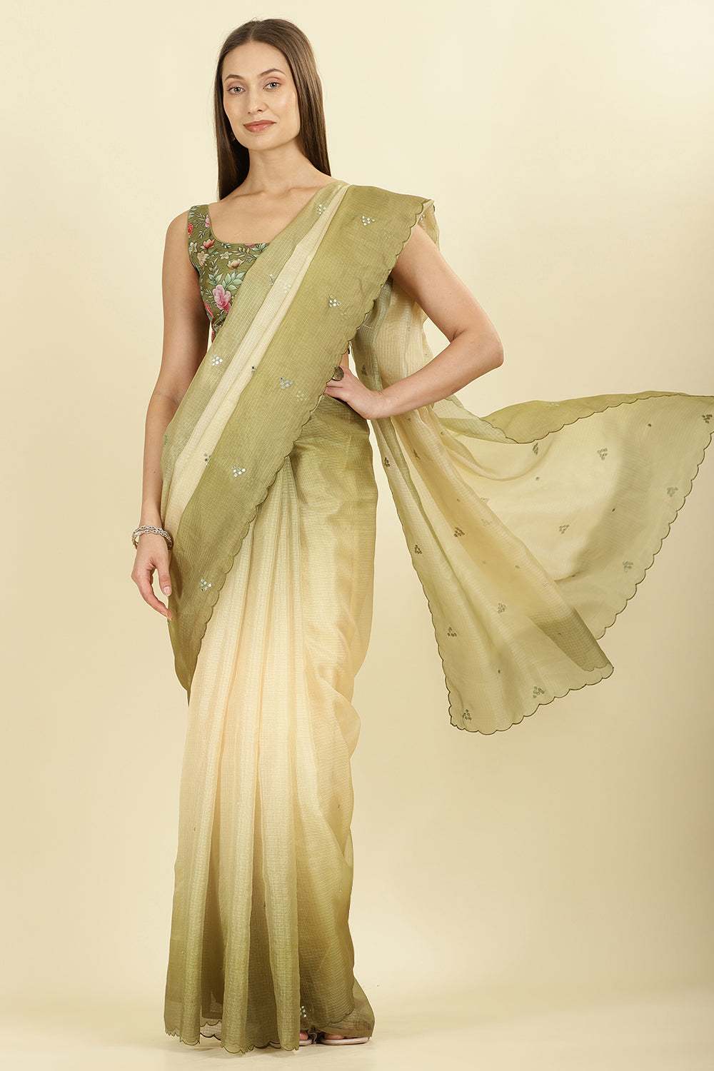 Ombre Olive Green Organza Saree With Mirror Work