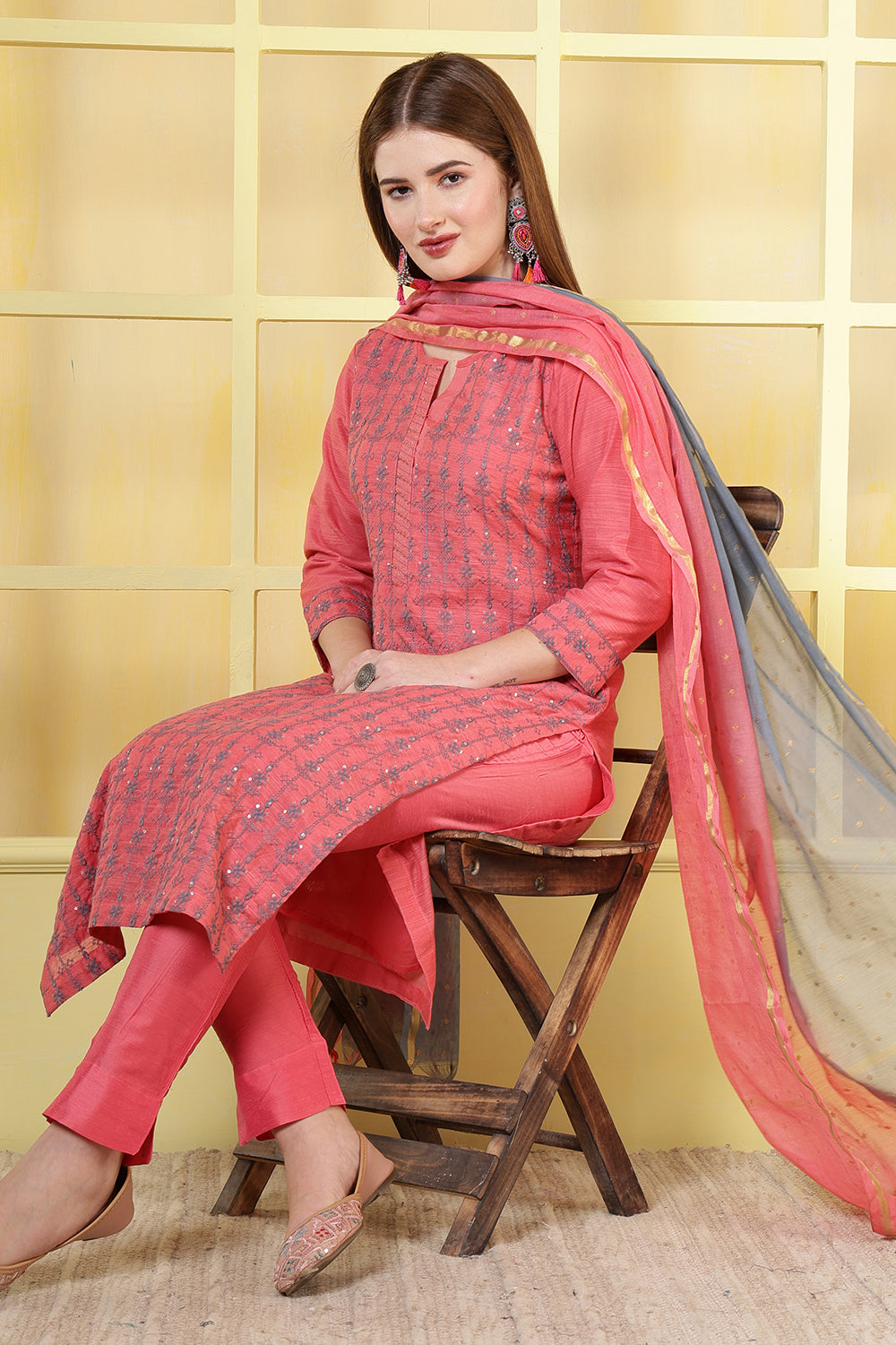 Coral Pink Chanderi Cotton Resham Embroidered Suit