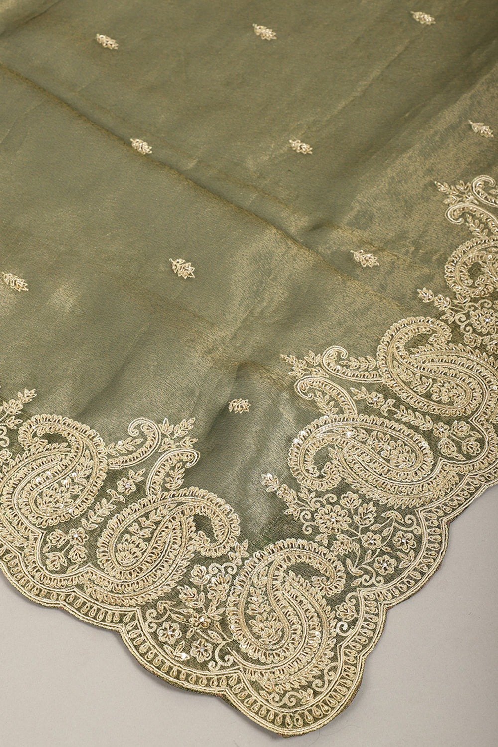 Mehandi Color Pure Tissue Handloom Saree with Sequence & Zardozi Handwork
