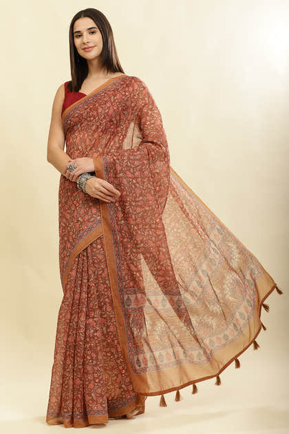 Brown Floral Printed Cotton Silk Saree