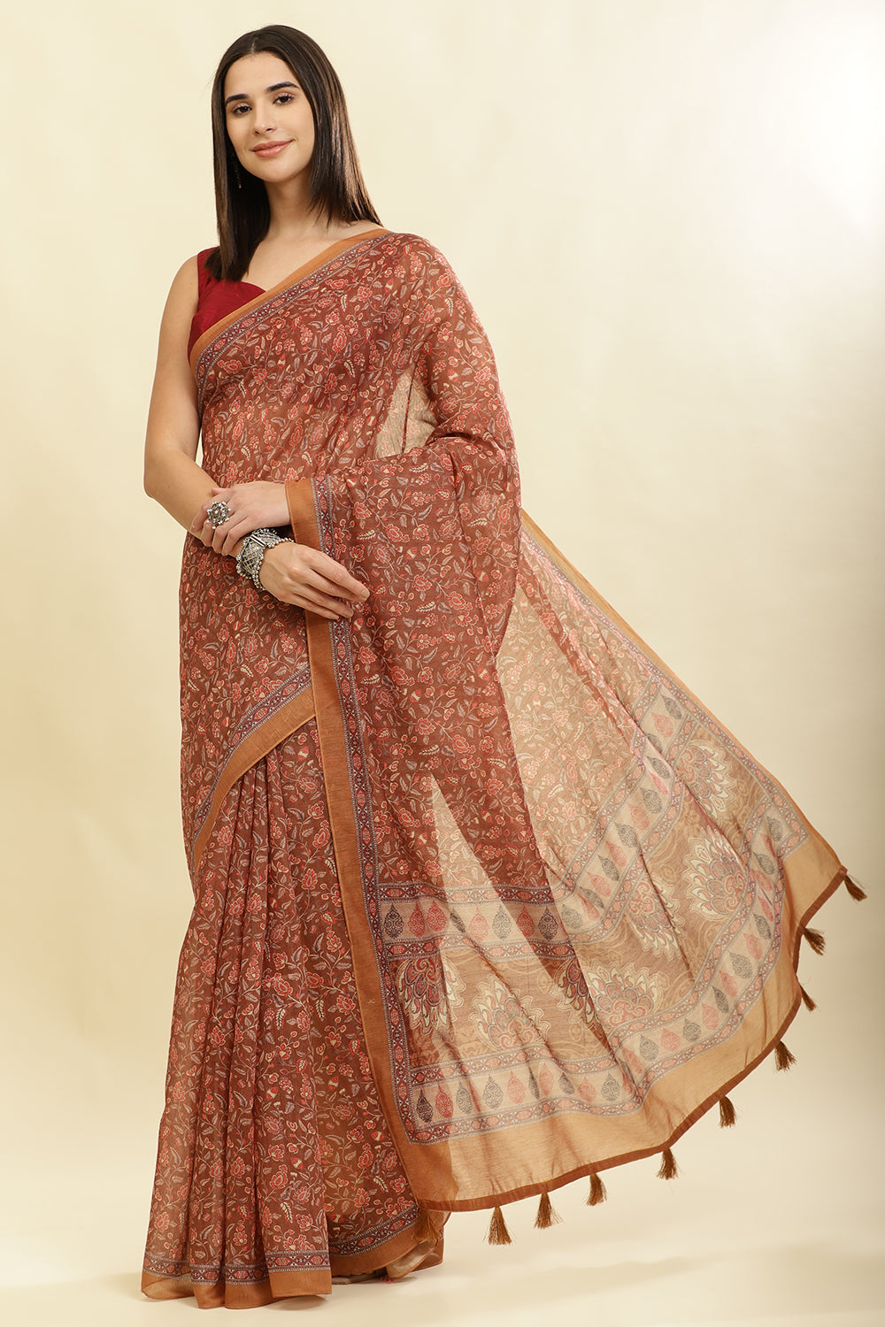 Brown Floral Printed Cotton Silk Saree