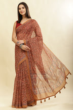 Brown Floral Printed Cotton Silk Saree