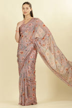 Light Brown Organza Floral Printed And Lace Work Saree