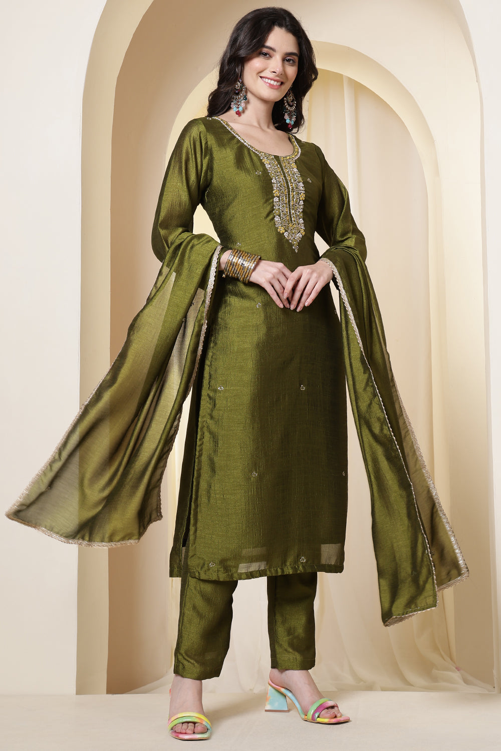 Sage Green Chinone Silk Neck-Embroidered Suit Set