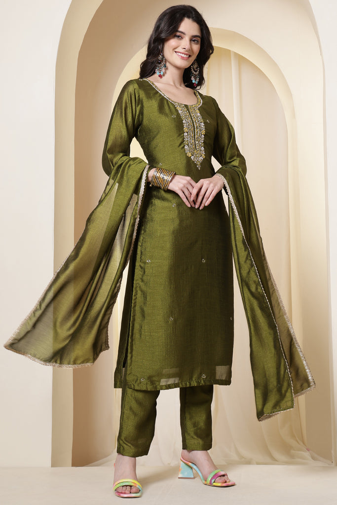 Sage Green Chinone Silk Neck-Embroidered Suit Set