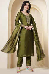 Sage Green Chinone Silk Neck-Embroidered Suit Set
