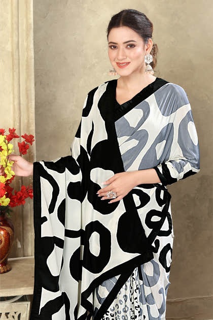 Black & Cream Printed Crepe Silk Saree