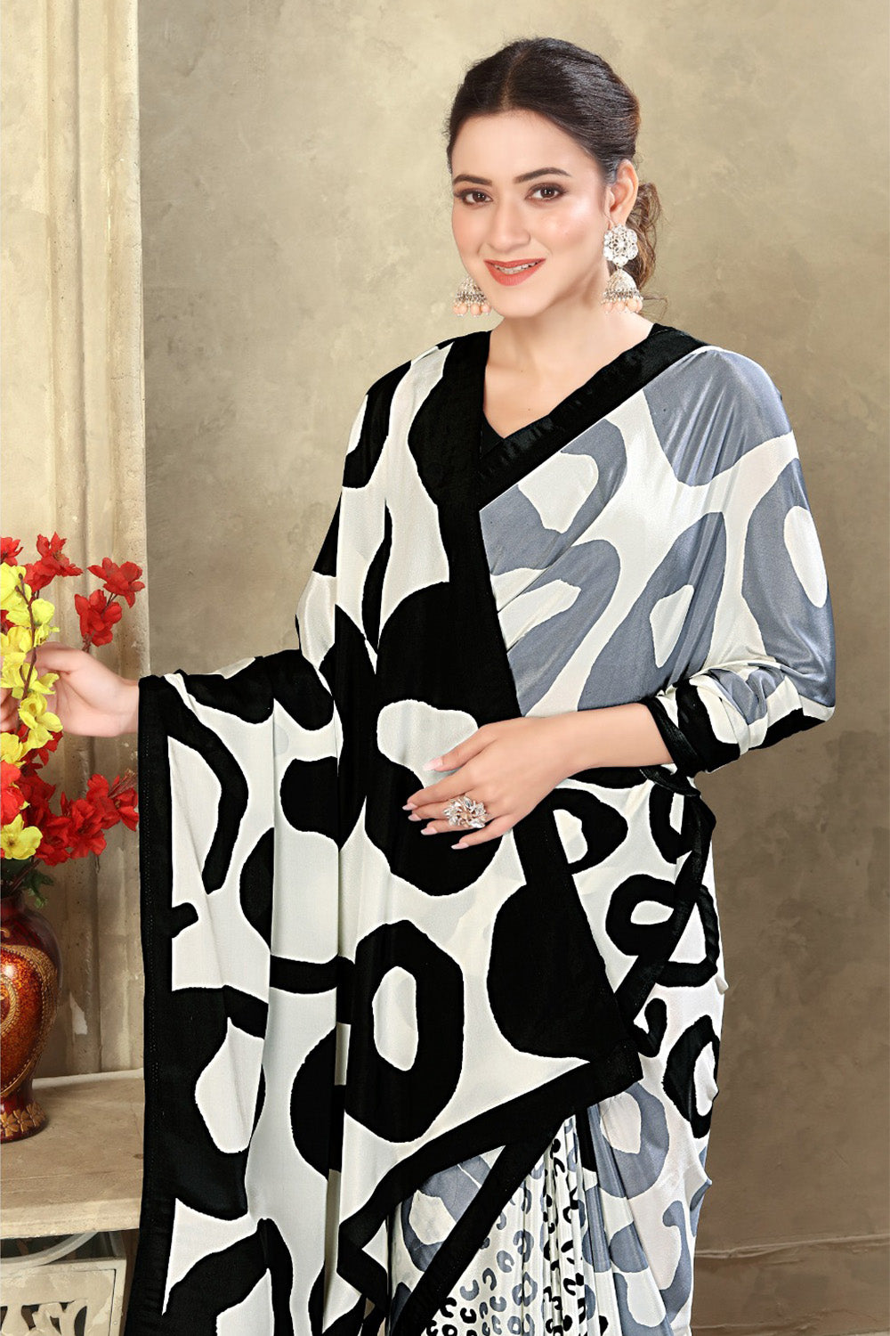 Black & Cream Printed Crepe Silk Saree