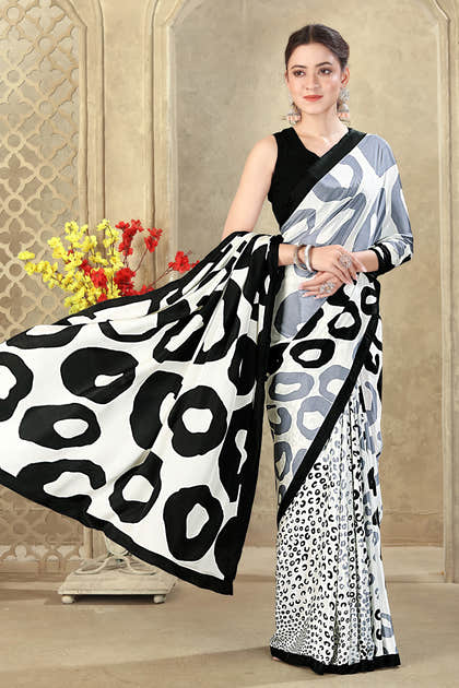 Black & Cream Printed Crepe Silk Saree