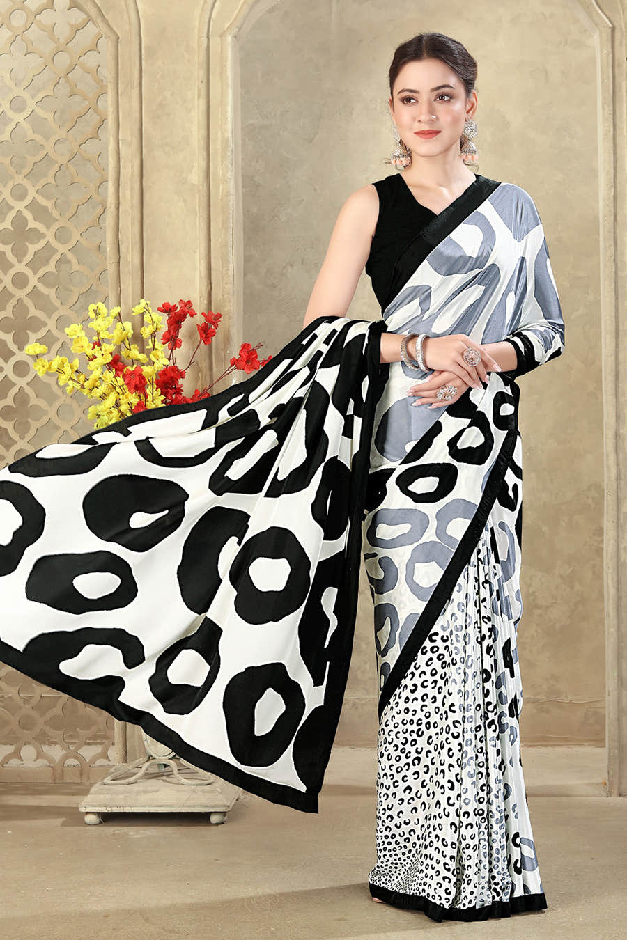 Black & Cream Printed Crepe Silk Saree