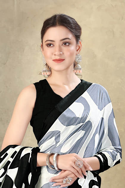 Black & Cream Printed Crepe Silk Saree