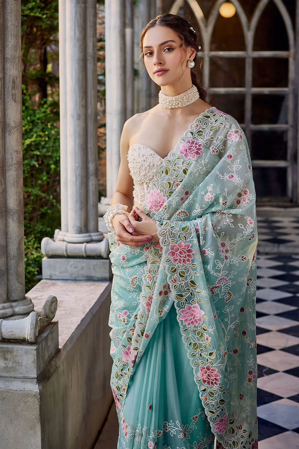 Light Blue Color Embroidered Organza Saree