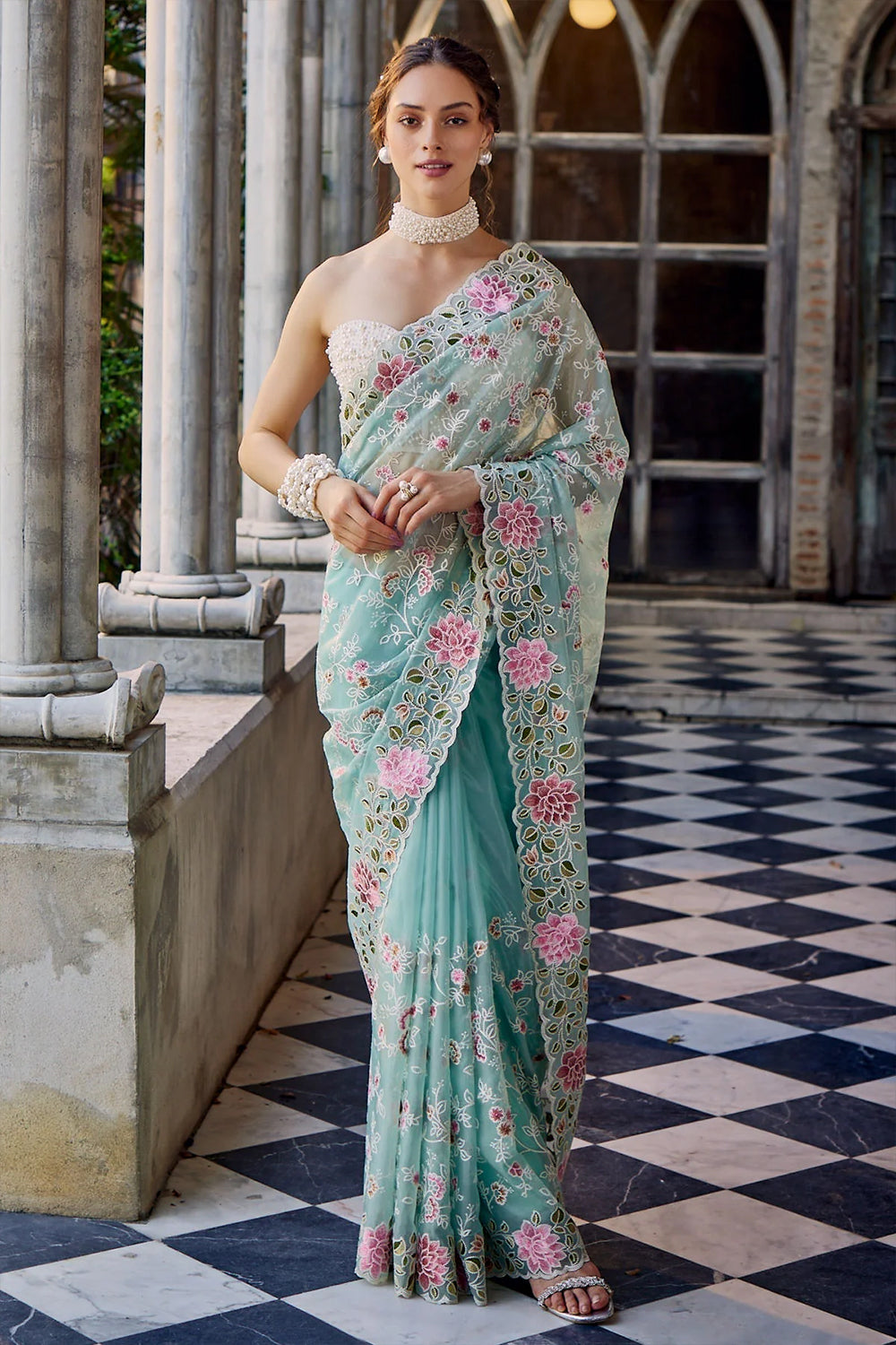 Light Blue Color Embroidered Organza Saree