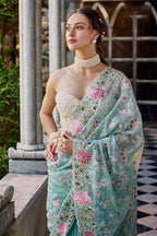 Light Blue Color Embroidered Organza Saree