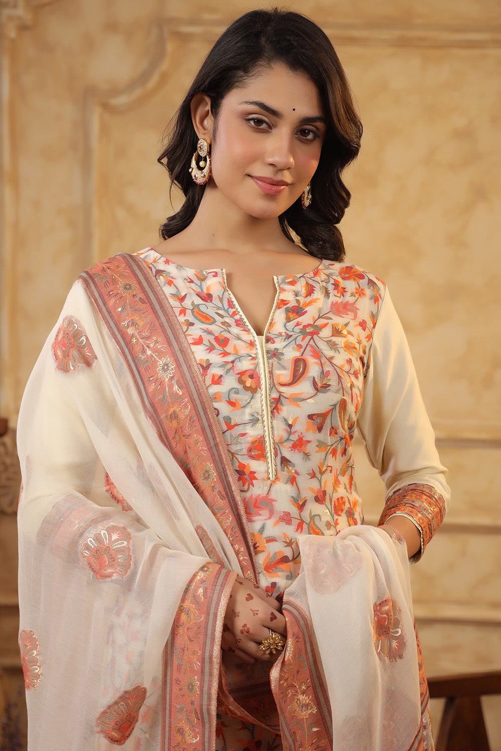 Cream Color Meena-Kaari Woven Chanderi Suit