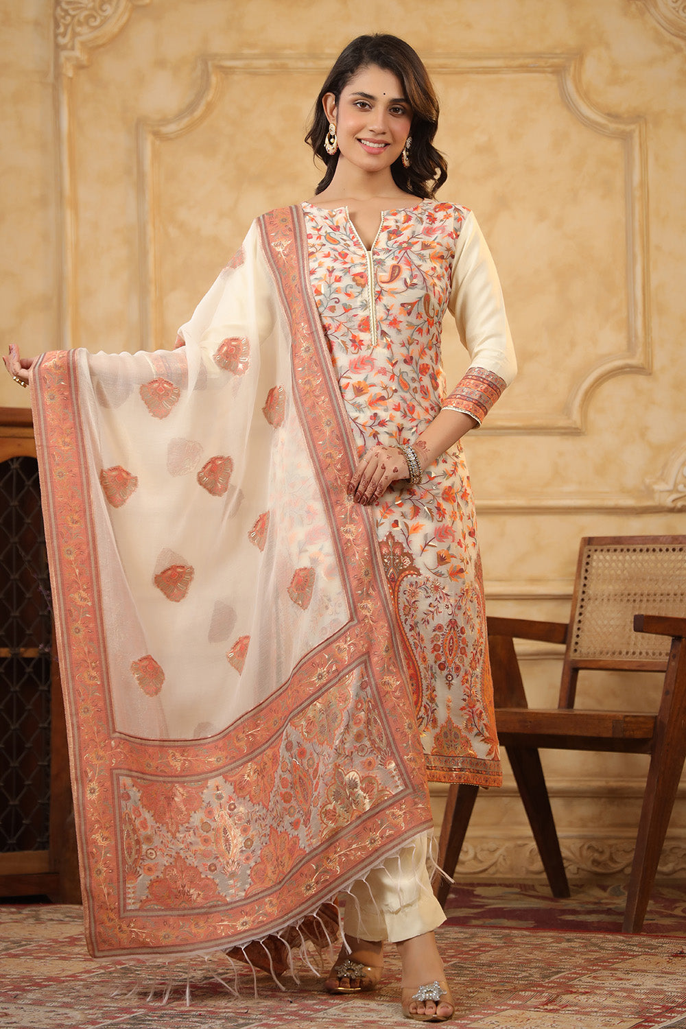 Cream Color Meena-Kaari Woven Chanderi Suit