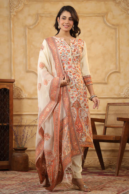 Cream Color Meena-Kaari Woven Chanderi Suit