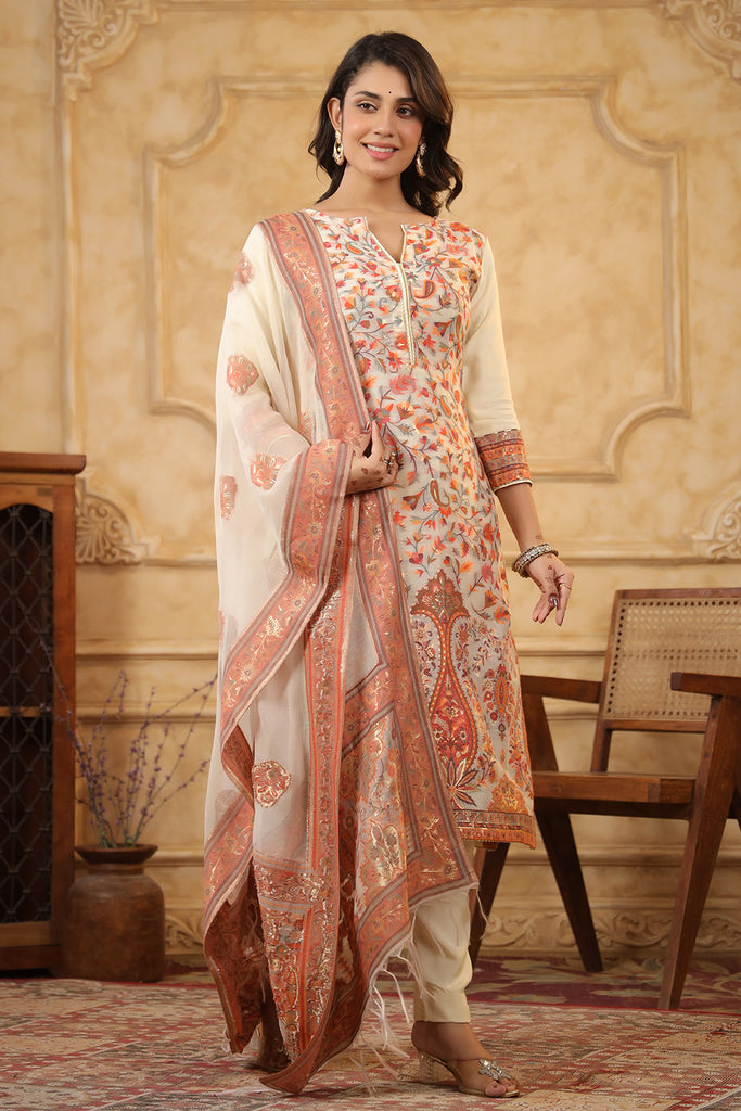 Cream Color Meena-Kaari Woven Chanderi Suit