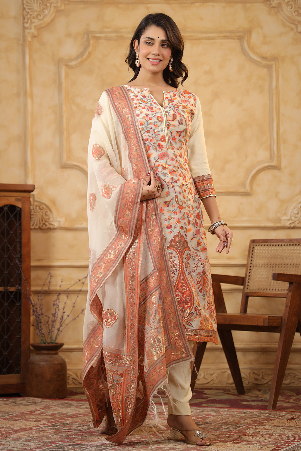 Cream Color Meena-Kaari Woven Chanderi Suit