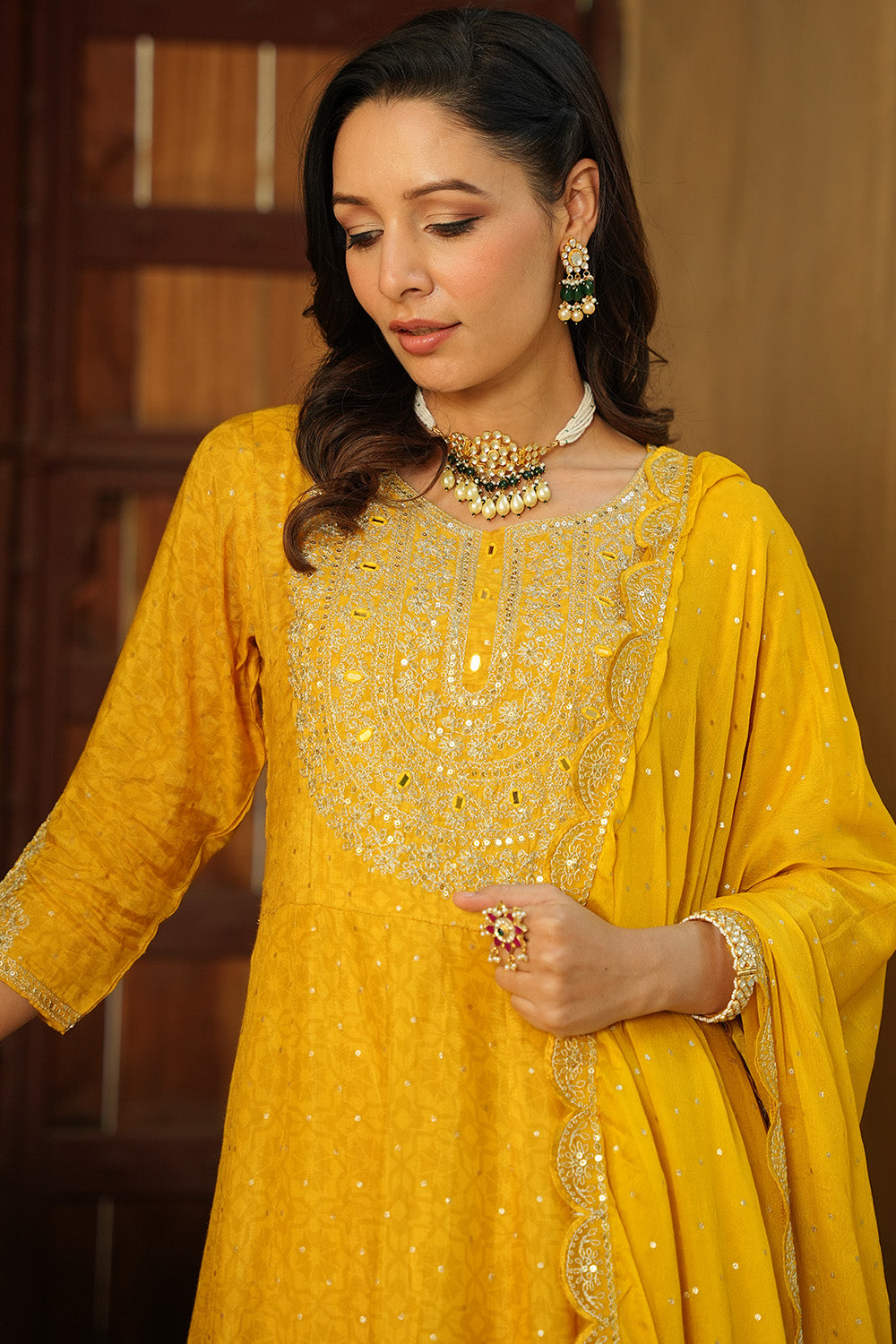Mustard Color Muslin Zari Embroidered Anarkali Suit