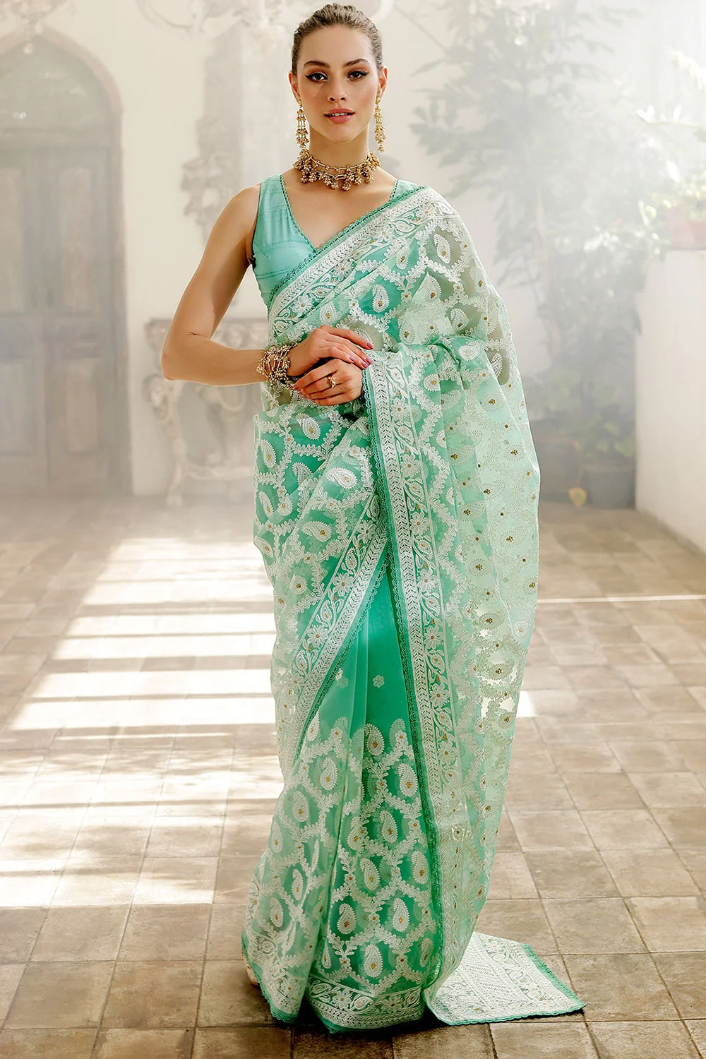 Teal Color Embroidered Organza Saree