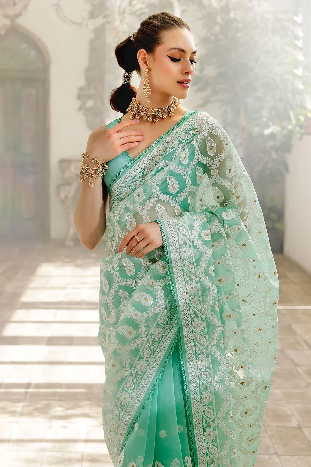 Teal Color Embroidered Organza Saree