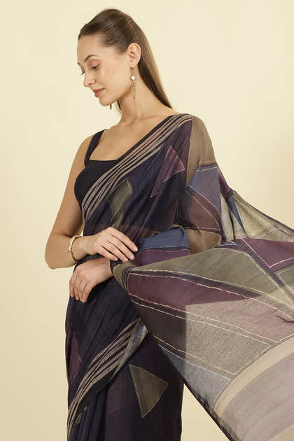 Navy Organza Cotton Printed Saree