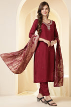 Maroon Color Silk Neck Embroidered Suit Set