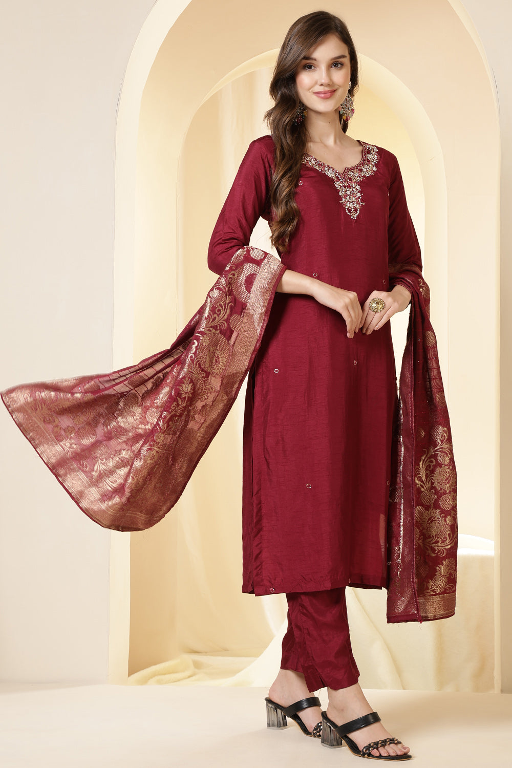Maroon Color Silk Neck Embroidered Suit Set