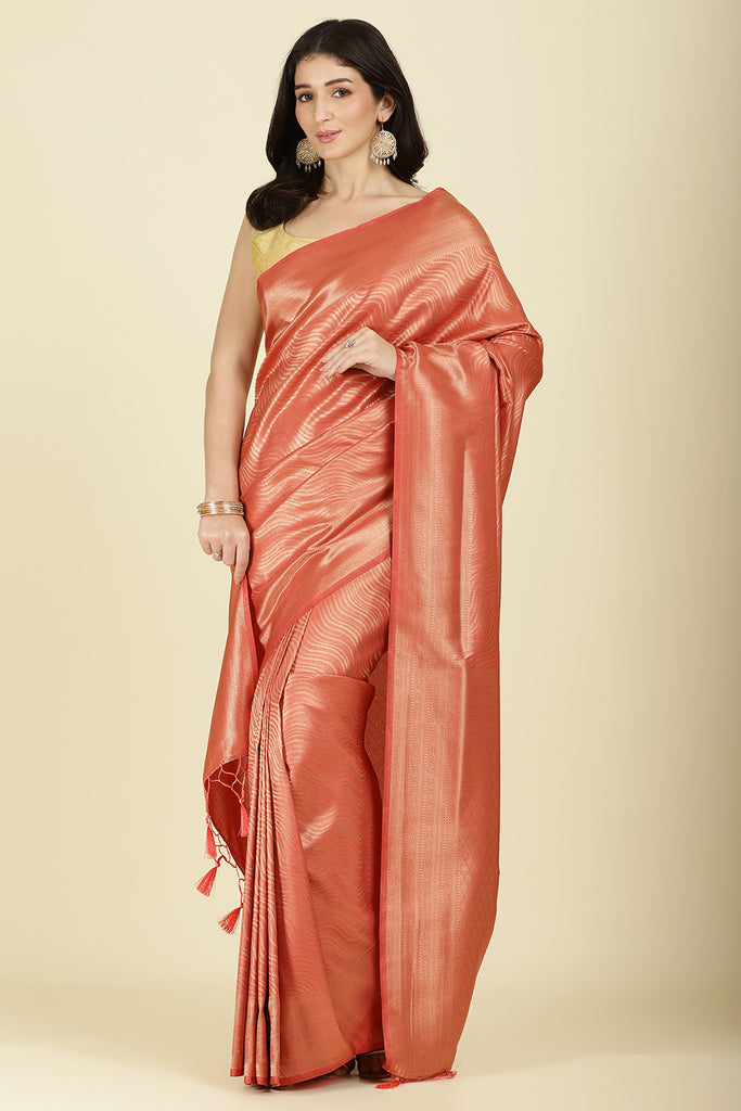 Dark Peach Colour Soft Silk Leheria Zari Woven Saree