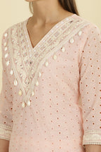 Pink Cotton Hacoba Style Neck-Embroidered Kurta Set