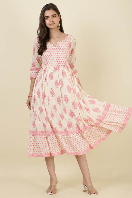 Cream & Pink Cotton Printed (Peonies) Anarkali Kurti