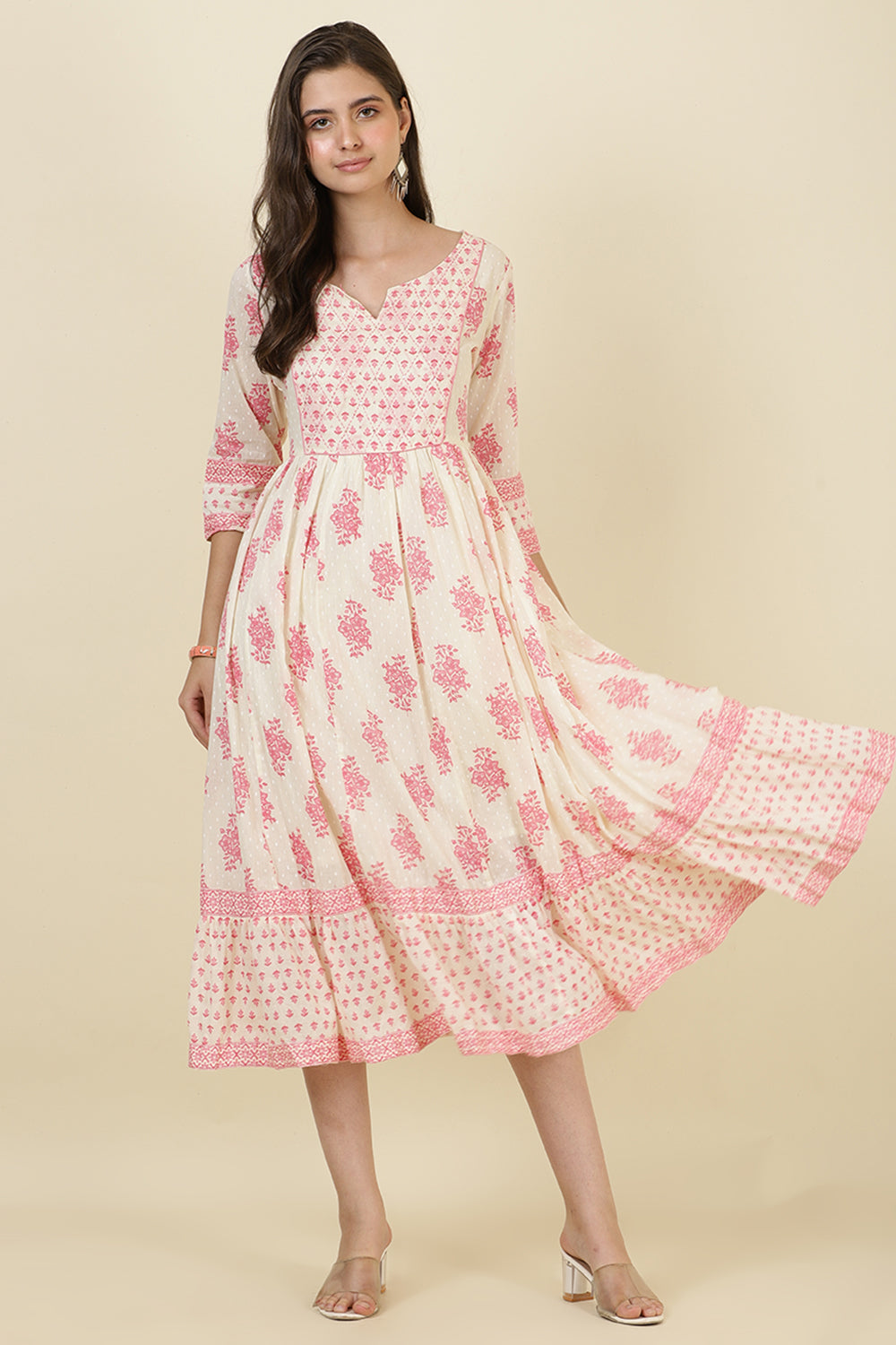 Cream & Pink Cotton Printed (Peonies) Anarkali Kurti