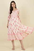 Cream & Pink Cotton Printed (Peonies) Anarkali Kurti