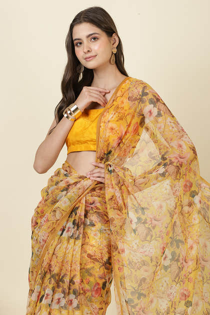 Mustard Floral Printed Chiffon Saree