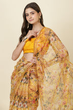 Mustard Floral Printed Chiffon Saree