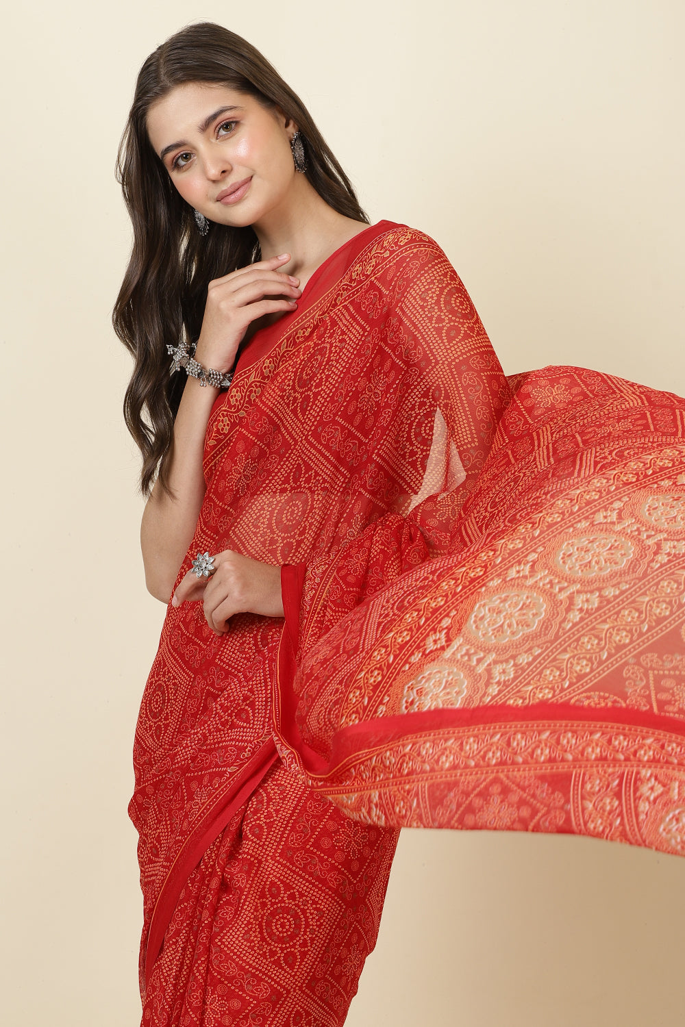 Red Georgette Bandhani Printed Saree