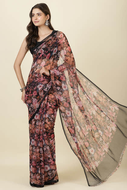 Black Floral Printed Chiffon Saree