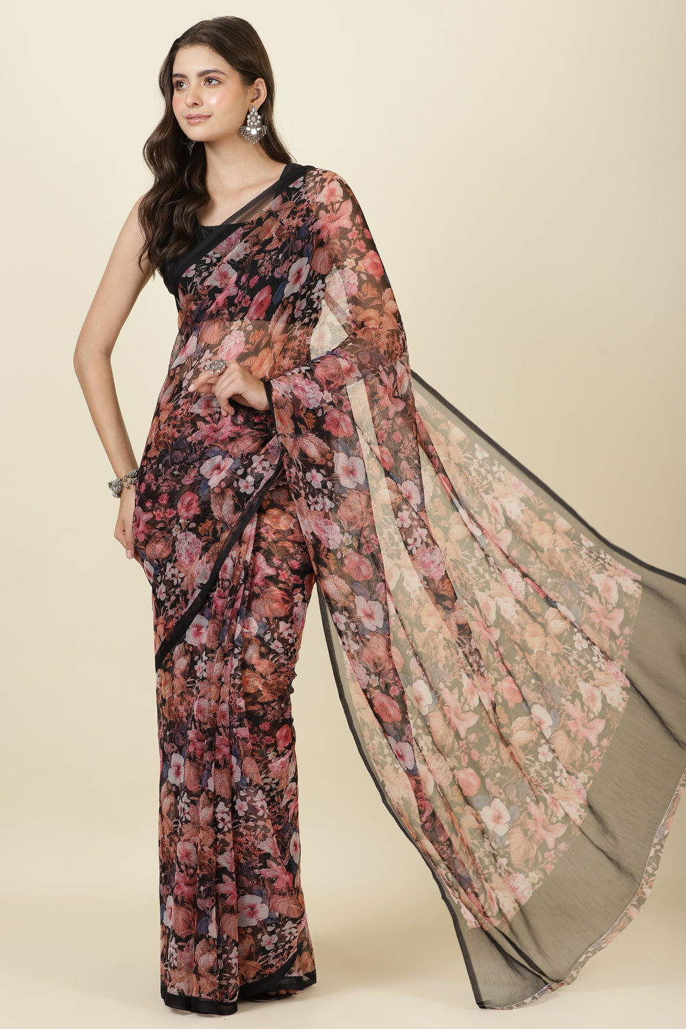Black Floral Printed Chiffon Saree