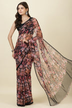 Black Floral Printed Chiffon Saree