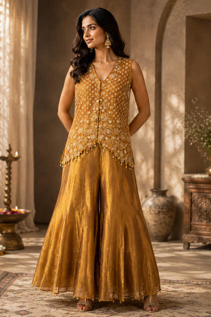 Brown Shimmer Fabric Embroidered Crop Top With Sharara Dress