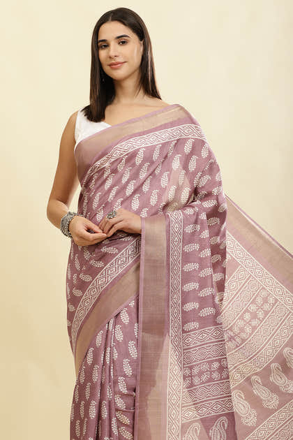 Mauve Cotton Silk Boota Printed And Zari Woven Saree