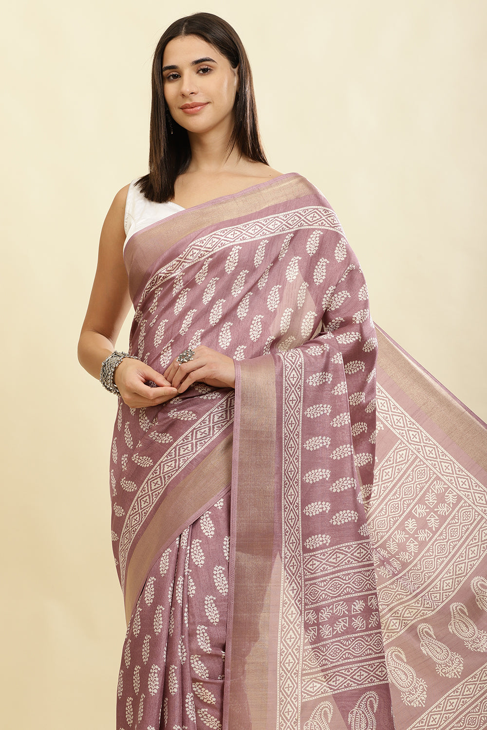 Mauve Cotton Silk Boota Printed And Zari Woven Saree